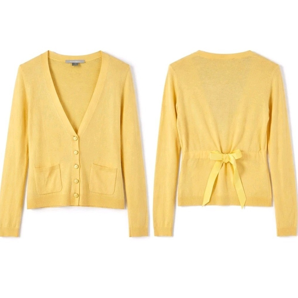Ellen Tracy Cashmere Cardigan Sweater Womens S Butter Yellow  Preppy Ribbon Bow